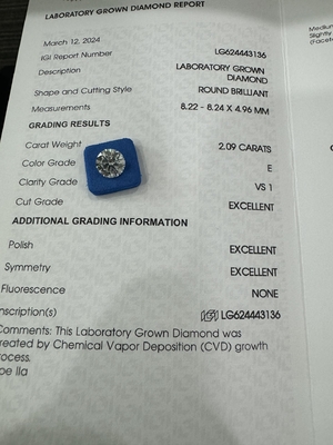 Buy 2.09CT E VS1 3EX Round Cut CVD Grown Diamond IGI Certificate LG624443136 online manufacture