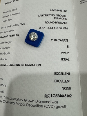 Buy 2.18CT E VVS1 ID EX CVD Synthetic Diamond Round Brilliant Cut online manufacture