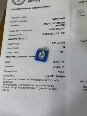 Buy 3.37ct Manmade Diamond Oval Brillant Cut CVD G VS1 2EX N IGI LG6169427133 online manufacture