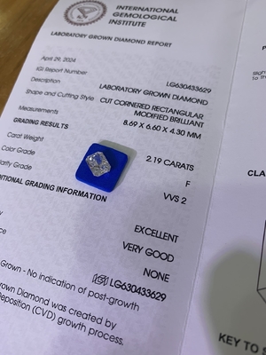 Buy 2.19ct Lab Diamond Radiant Cut CVD F VVS2 EX VG N IGI LG630433629 online manufacture