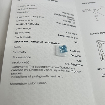 Buy 3.12CT Fancy Intense Blue Lab Made Diamonds VS1 2EX CVD  Princess Cut online manufacture