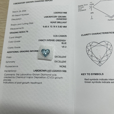 Buy 3.26ct CVD Heart Shaped Lab Diamond Fancy Intense Greenish Blue VS2 2EX N online manufacture