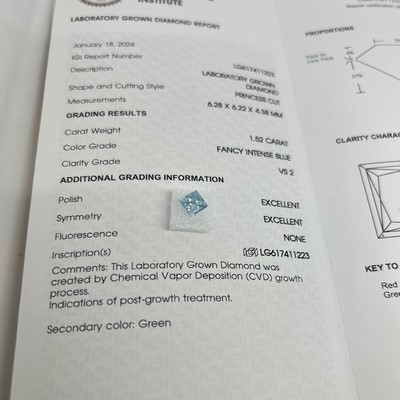 1.52CT Fancy Intense Blue VS2 2EX CVD Lab Grown Diamond Princess Shape OEM ODM