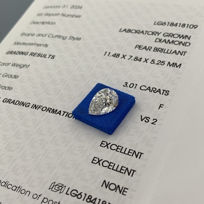 3.01CT F Color VS2 Clarity 2EX Pear Shaped Lab Grown Diamond
