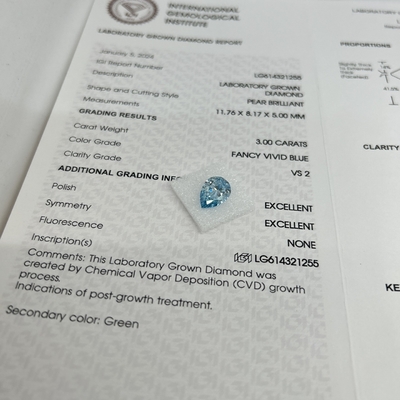 3 Carat Lab Grown Diamond Fancy VIVID Blue Pear Cut VS2