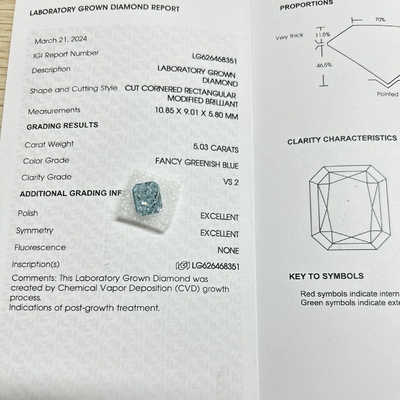 VS2 Lab Grown Diamonds Radiant Cut Blue Nuance Lab Diamond 5.03 Carat